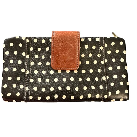 Fossil Vintage Wallet “Sydney” Brown Leather Retro Black White Polka Dot Trifold - Picture 4 of 4